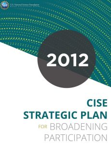 Decorative cover featuring a green swath of color and the year 2012 in a black circle and text that reads CISE Strategic Plan for Broadening Participation.