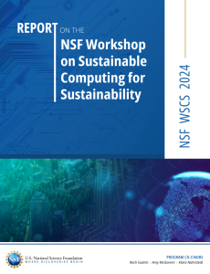 Front cover of report with blue computer board background and other backgrounds with mother boards and globe in background in blue and green