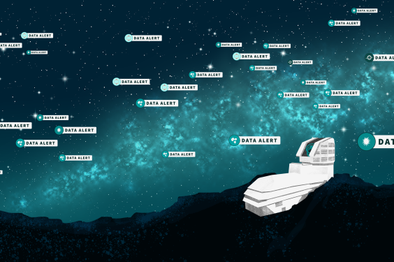 An illustration of Rubin Observatory with the Milky Way galaxy in the background and many "data alerts."
