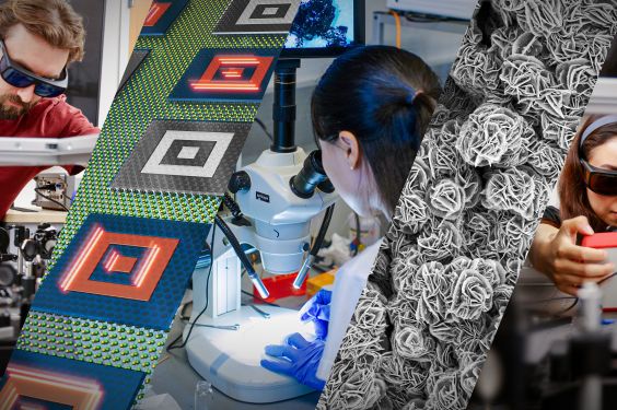A collage of images showing scientists conducting materials research and close up images of advanced materials.