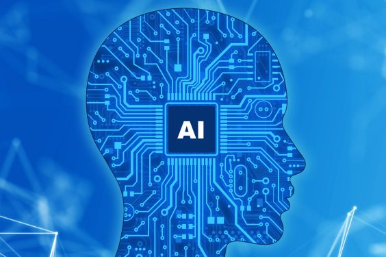 abstract blue image with a human head illustrated in the middle with the "AI"