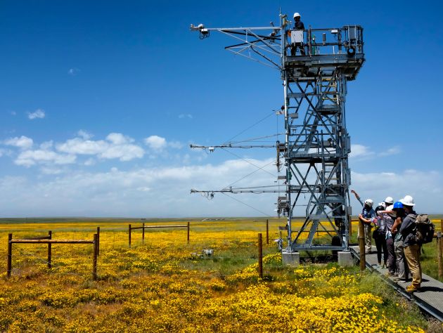 A steel-made tower with instruments sits in a field 
