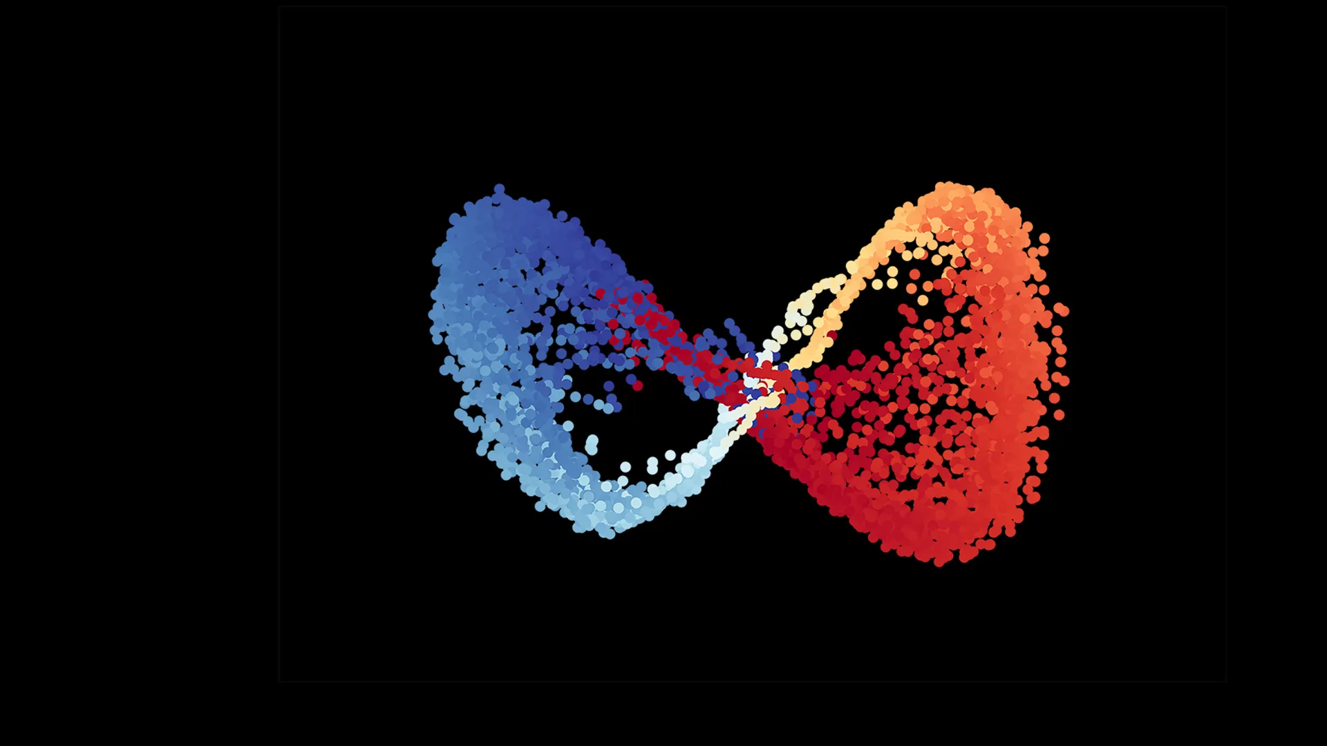 An infinity symbol formed by clusters of tiny, multicolored dots