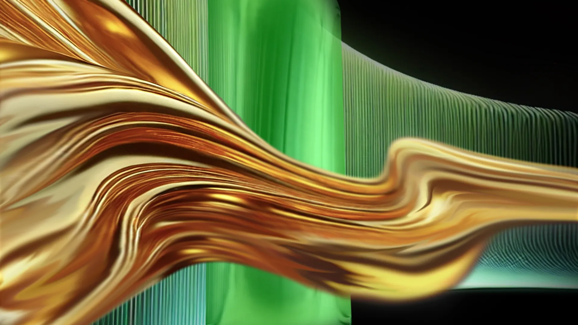 A wavy golden ribbon against a green, striated background.