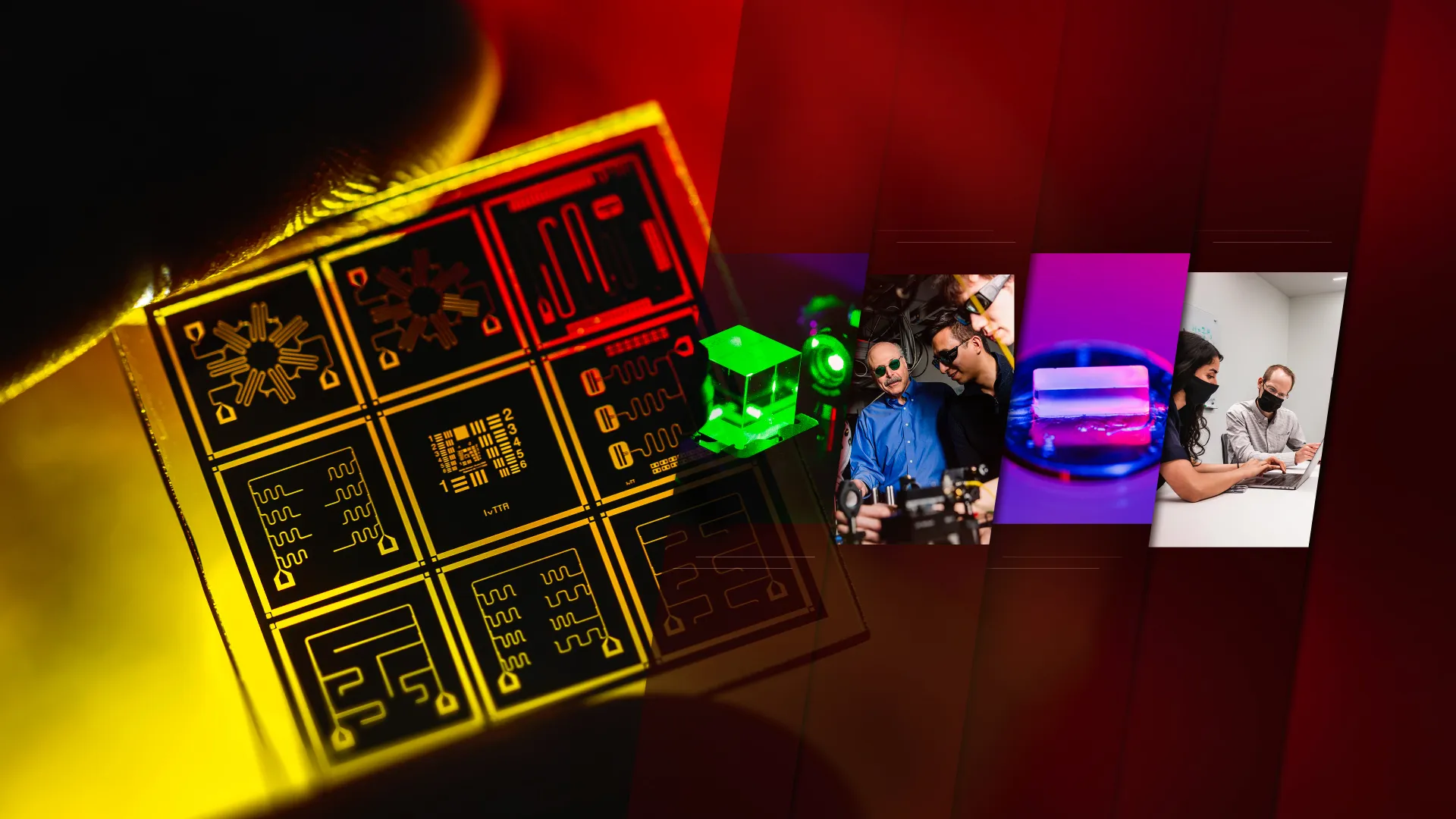 A close-up view of a quantum chip with collage overlay of images featuring various researchers and scientific objects.