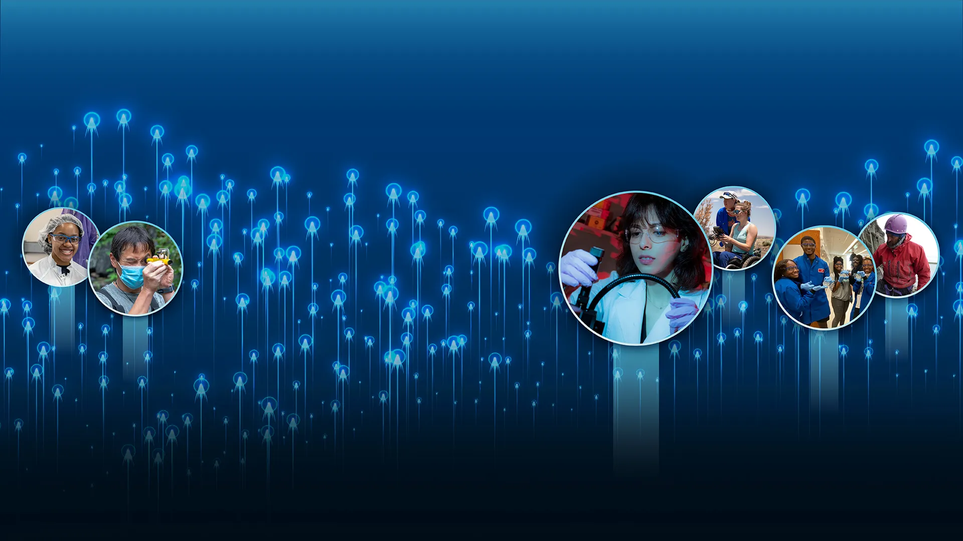 A banner showing diverse scientists and students