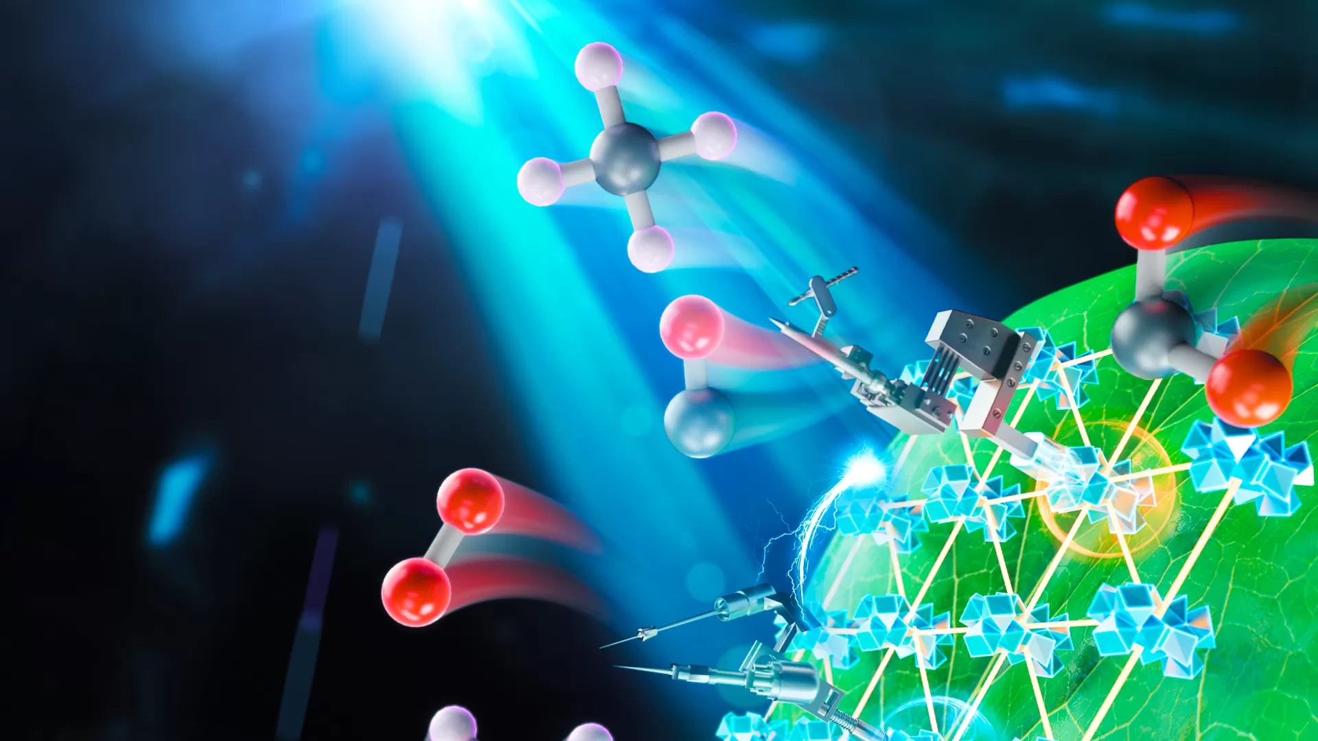 Colorful artistic illustration of artificial photosynthesis process