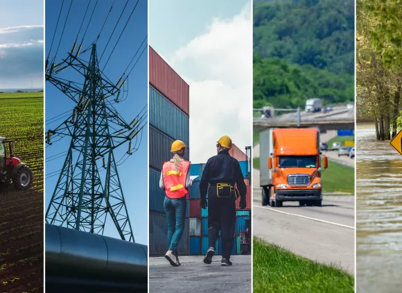 5 photos, left to right: a tractor in a field, power lines, two people in hard hats, a tractor trailer on a highway and a flooded road