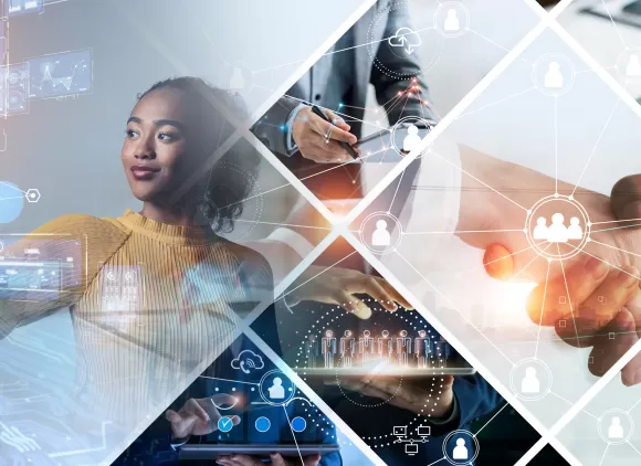 tech banner with people interacting with tablets and computer screens