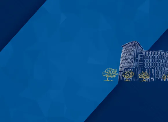 An illustration of the NSF building against a blue background and with a diagonal blue and gold accent in the upper left corner and a dark blue accent in the lower right corner