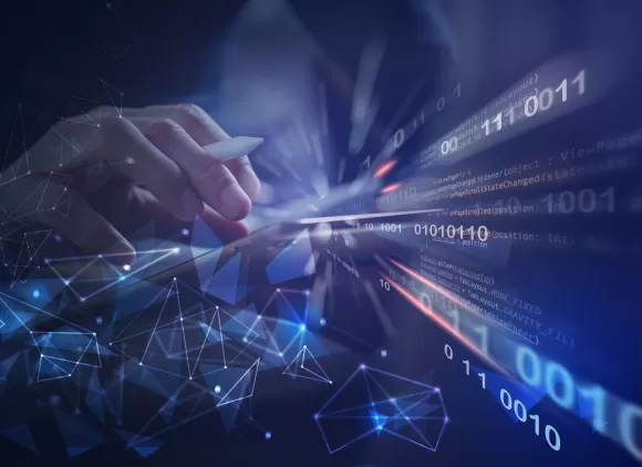 Man coding programmer, software developer working on digital tablet with binary, html computer code on virtual screen