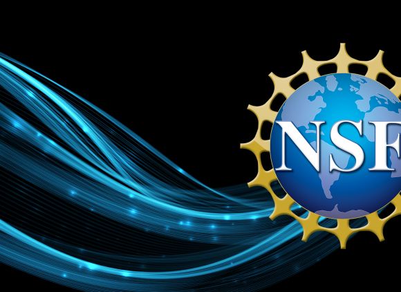 NSF logo against a black background with a swirl of blue