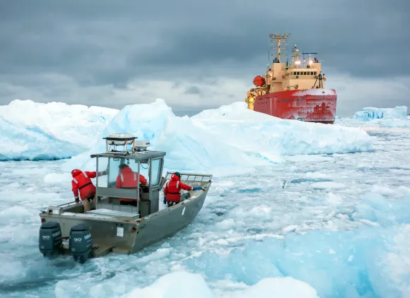 The research vessel Laurence M. Gould attempts to sail through ice-choked waters near Palmer Station off the Antarctic Peninsula.