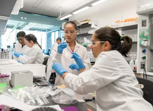 Student researchers, wearing goggles and lab coats, work at a laboratory bench.