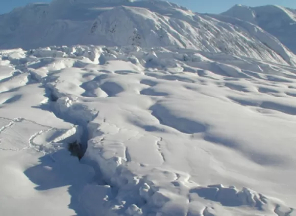 Denali Fault trace cutting through Gakona Glacier, just after a 2002 earthquake.
