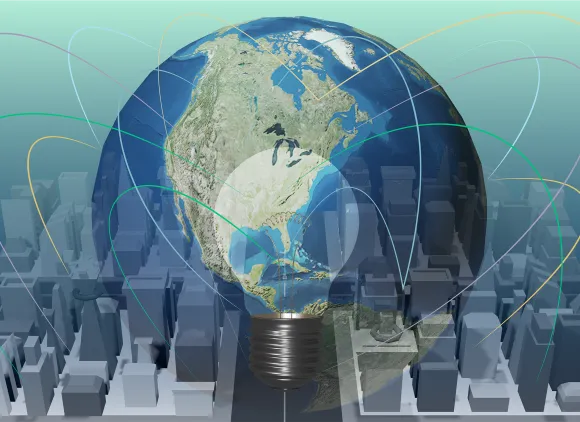 Illustration of an abstract cityscape, planet Earth and a lightbulb