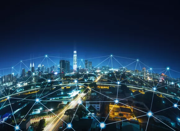 Rounded abstract cityscape network connection, internet and global connection concept.