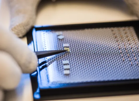 tweezers placing a computer chip on a screen.