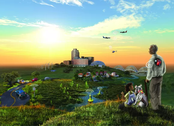 Older man with young child and dog on top of hill overlooking a future city, with windmill, bridge, cars, homes and aircraft in the sky.