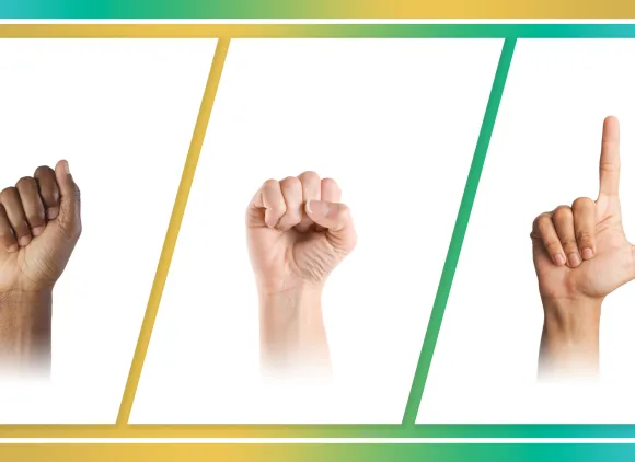 Three hands spelling the letters 'A,' 'S', and 'L' in American sign language.