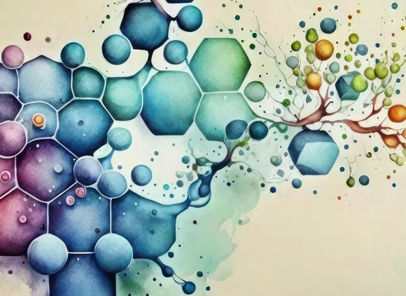 Watercolor illustration of a stylized molecule.