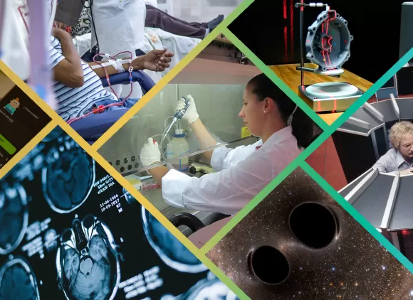 An image composite showing someone using a cellphone, someone receiving medical treatment, a researcher in a lab, an illustration of two black holes, MRI scans, and other science-related imagery.