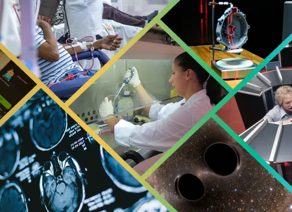 An image composite showing someone using a cellphone, someone receiving medical treatment, a researcher in a lab, an illustration of two black holes, MRI scans, and other science-related imagery.