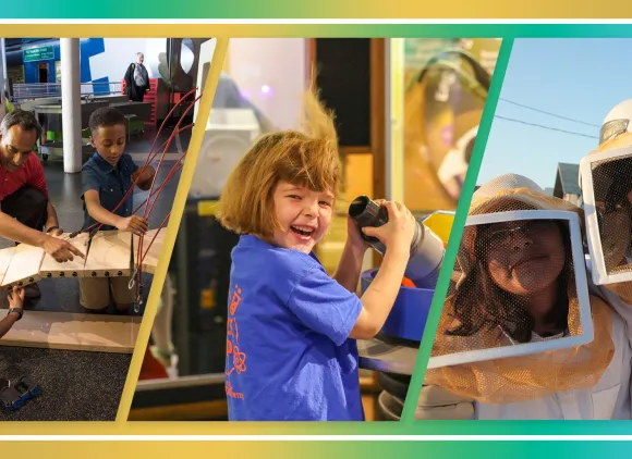 3-panel image, with children and an adult maneuvering a wooden apparatus in a museum (left), a young girl laughing as her hair is blown up by a hose of air (center), and teenagers wearing beekeeping suits and smiling at the camera (right).