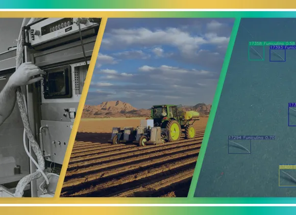 Three panel image: On left, a man stands at a large supercomputer. In center, fish and other deep sea creatures have been automatically labeled in an image of the ocean. On right, a tractor in a field.