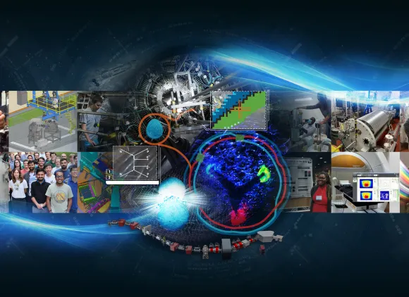 A collage of many images showing people and instruments involved in nuclear physics.