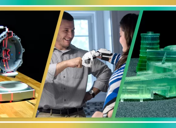A composite image. Left image of a laser scan of motorcycle crankcase cover created using 3D printing. Center image of a A woman with a prosthetic hand fist-bumps a man. Right image of 3D printed model of a marina.