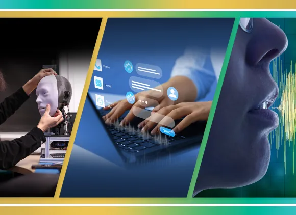 A three-panel image: A man holds a robotic face in his hands (left); fingers type on a keyboard (middle); a close-up of lips during speech with a spectrogram in the background. 