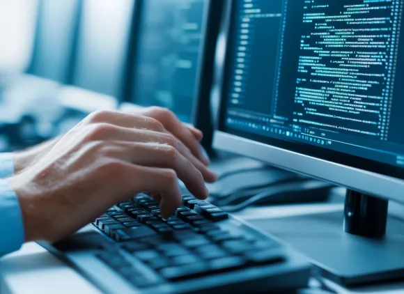 A close-up image of hands typing on a computer keyboard.