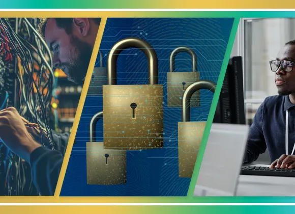 A technician connecting cables to a supercomputer, an illustration of a padlock, and a person sitting at a personal computer.