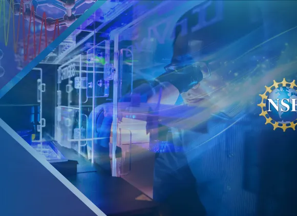 Graphic blue banner with scientist looking into microscope with the NSF logo.