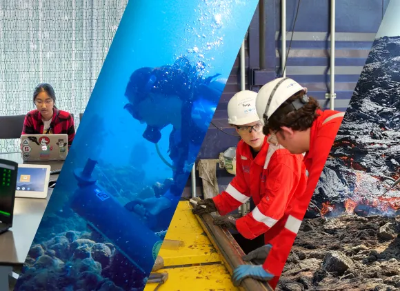 Image collage of people with computers, a SCUBA diver, a woman working in a lab and a person in a protective suit studying lava in a rocky landscape.