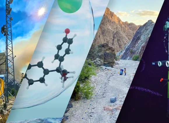 Collage of images showing a person climbing a tower, a molecular diagram, a dry, rocky landscape and some underwater equipment.