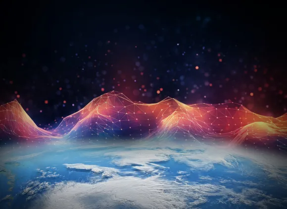glowing orange and purple waves above earth from space