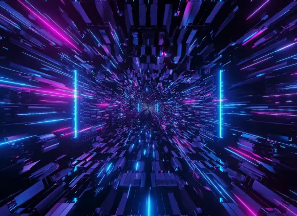 An abstract tunnel filled with laser-like lights and rectangles