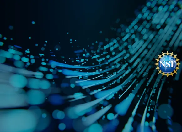 NSF logo against a blue ribbon-shaped background