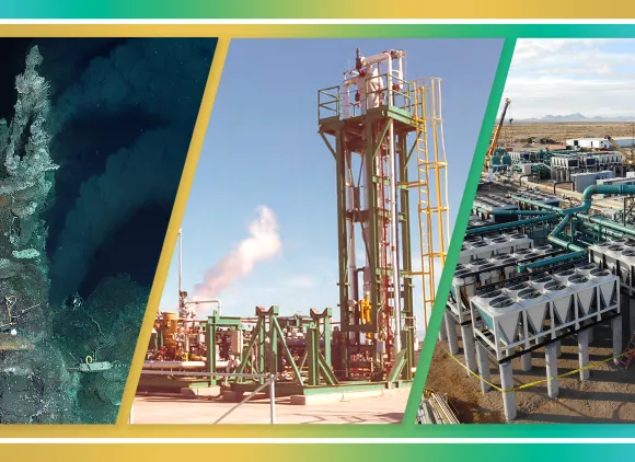 Left: A bubbling geothermal vent in the deep sea. Center and right: images of geothermal energy facilities.