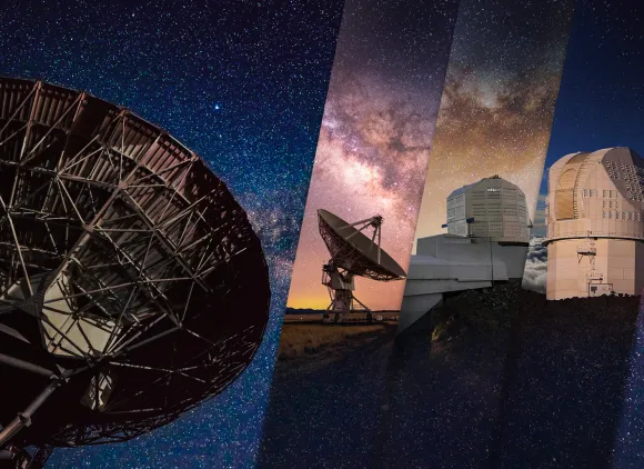 Collage showing landscape images of several NSF funded astronomy research facilities under the starry sky