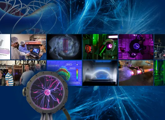 A collage of many images showing researchers, students and experiments in plasma physics.