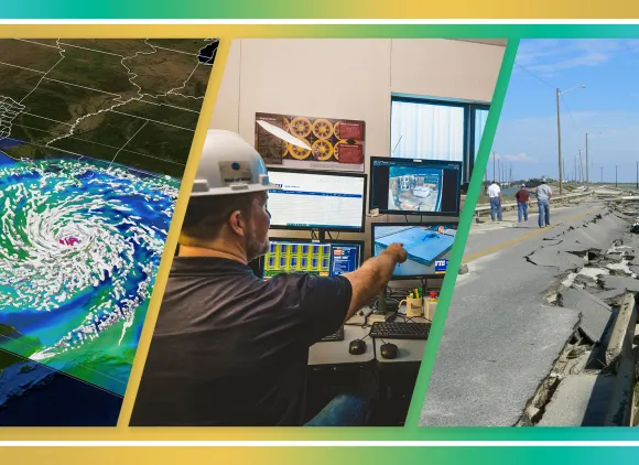 Three panel image. At left, Hurricane Ike developing in Gulf of Mexico and making landfall on Texas coast. In middle, a man wearing a hardhat sits at an array of computer monitors. At right, a coastal road has been destroyed by a hurricane.