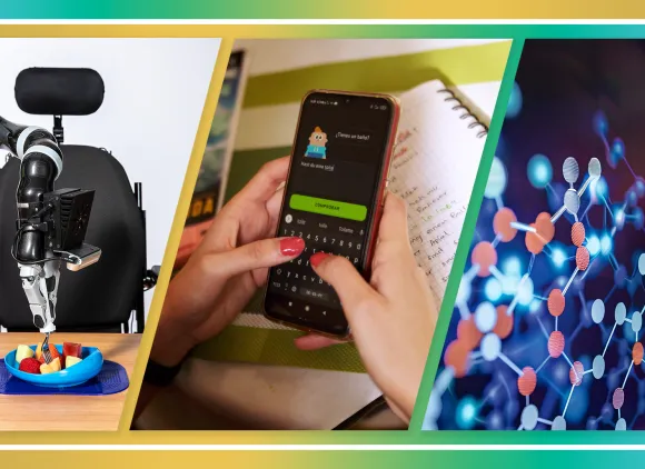 A three panel image: On left, a robot arm attached to a chair picks up some fruit with a fork. At center, a close-up of hands typing on a smart phone. At right, a computer screen displaying chemical structures.