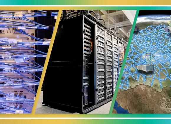Cables, computer stacks and an illustration of internet connectivity across the United States.