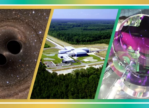 A composite image. Left image of a computer simulation of two black holes surrounded by space and stars. Center image of the Livingston, Louisiana LIGO detector site from above. Right image of the power recycling optic 2 at LIGO.