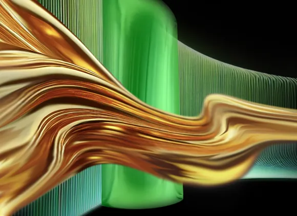 A wavy golden ribbon against a green, striated background.