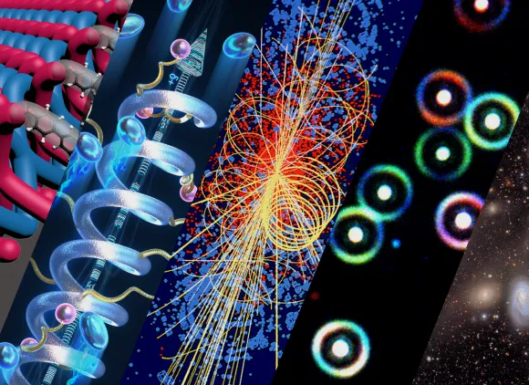 Five images depicting different areas of research in the physical sciences, including materials, chemistry, astronomy and physics