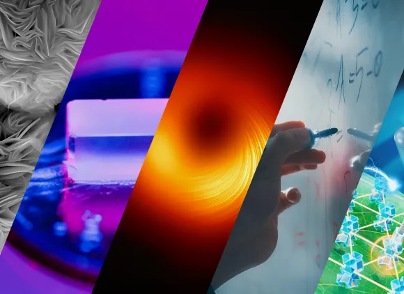 Five images depicting different areas of research in the mathematical and physical sciences, including materials, chemistry, astronomy, math and physics